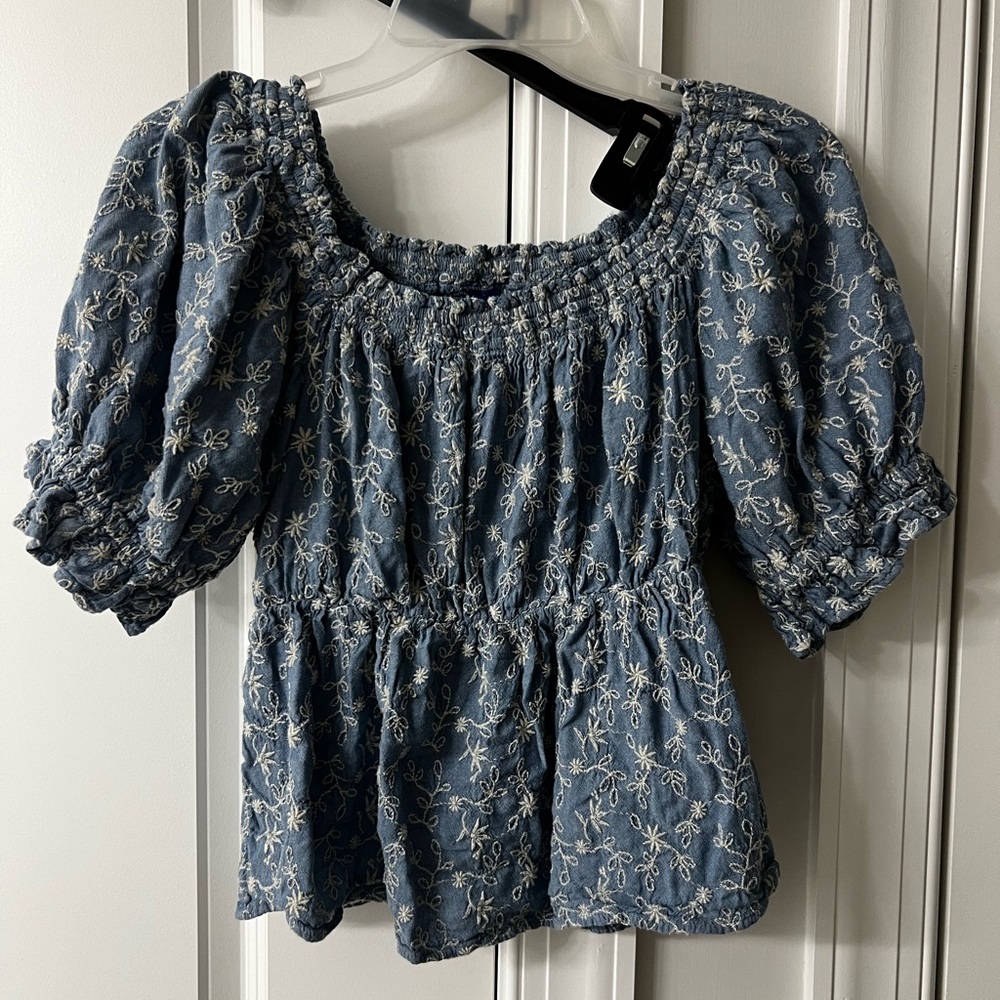 Old Navy Blue Floral Embroidered Puff-sleeve Blouse